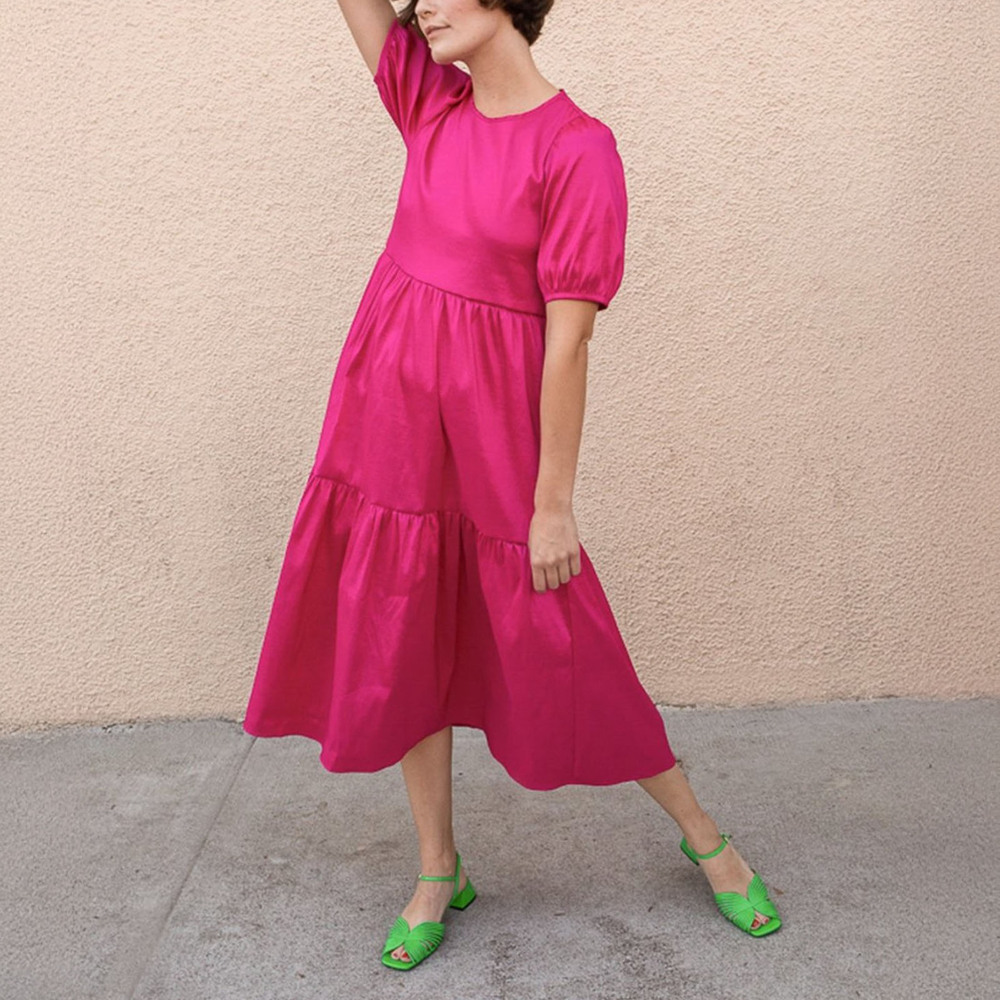 Ali Golden Magenta Pink Midi Tiered Ruffle Dress Puff Sleeves Barbie Sz Small